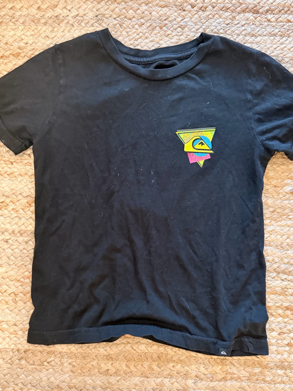 Quiksilver Black Tee with Neon Yellow Pink and Blue Logo